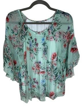 Women's Angela Moda Green Floral Silk Short Sheer Ruffle Sleeve Blouse Size S
